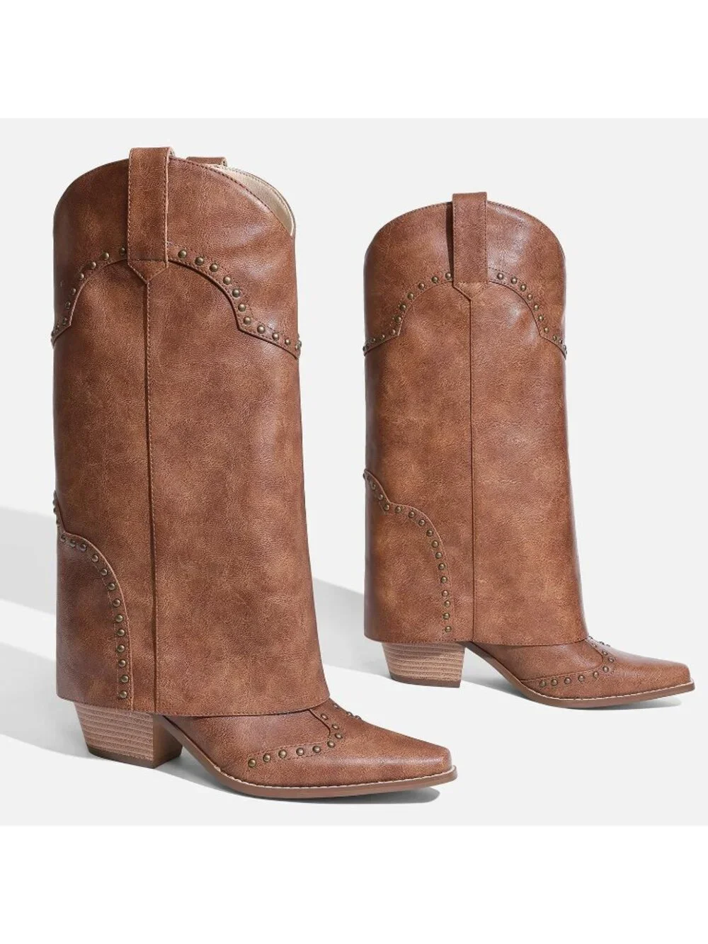 Women's Brown Chunky Heel Snip Toe Fold Over Cowgirl Knee High Shark Boots
